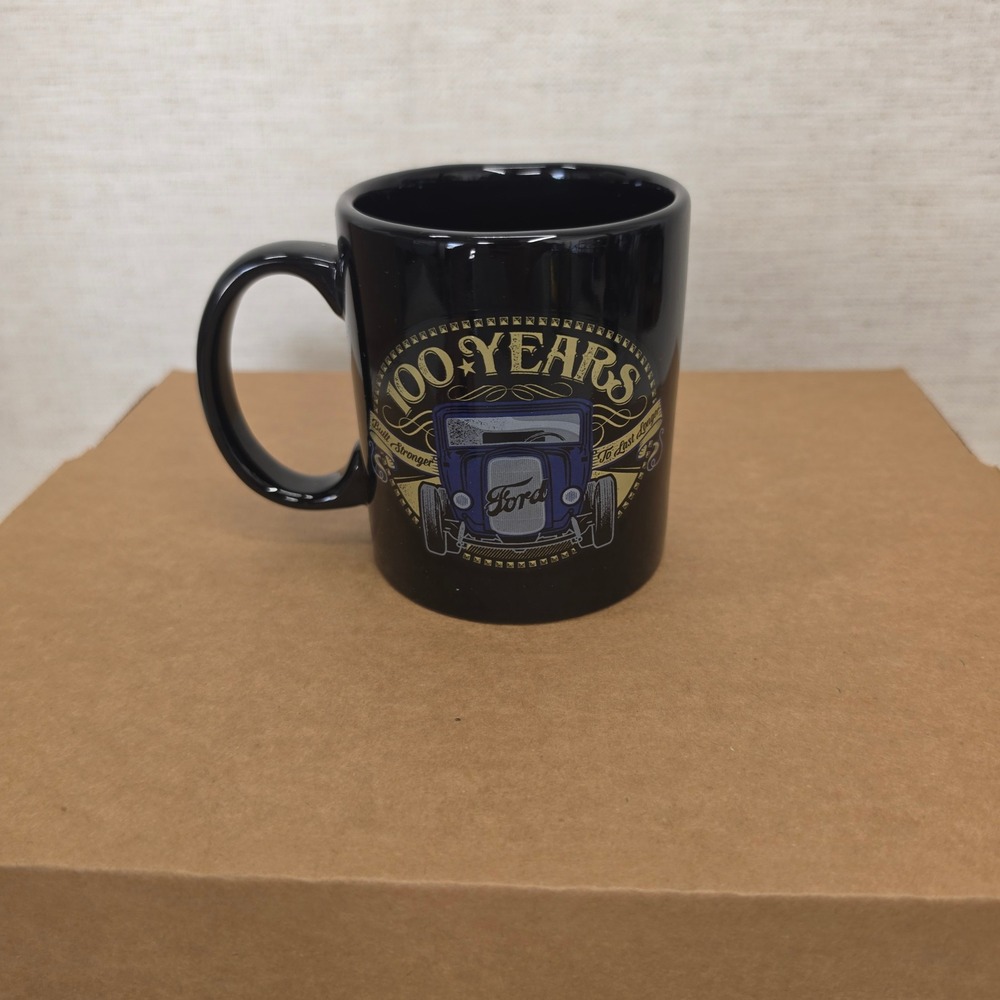 Ford 100 Years Anniversary Coffee Mug Black Ceramic Vintage Hot Rod Graphic